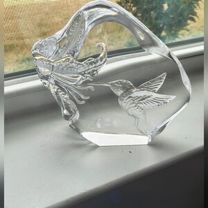 Crystal Hummingbird Flower Glass Sculpture Figurine Paperweight 3-D Vintage